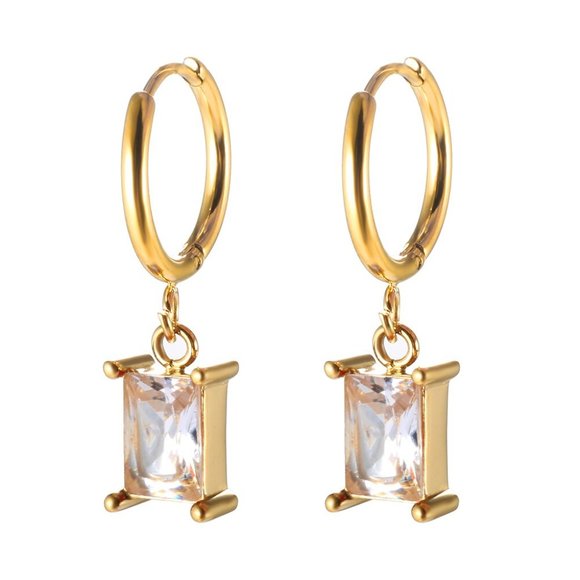 Clear Rectangle Zirconia Gemstone Hoop Earrings 18K Gold Plated Stainless Steel - Picture 9 of 9